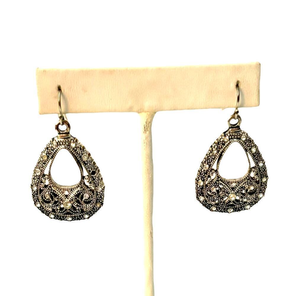 Teardrop Filigree Earrings Silver with Crystal Embellishments